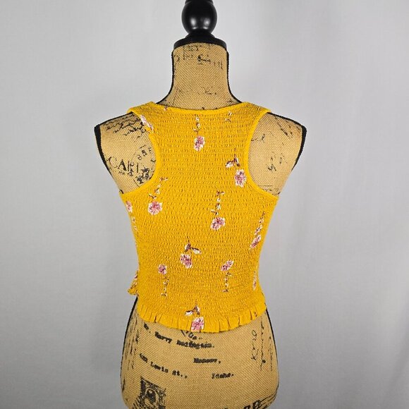 Japna Yellow Smocked Floral Crop Top Size L Square Neck Ruffle Hem Boho Stretchy - Picture 3 of 12